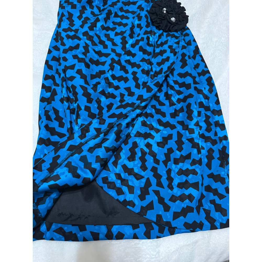 Vintage Cocktail Mini Dress Strapless Silk Sz 4 Blue Black Geometric 80s Glam - Picture 11 of 14